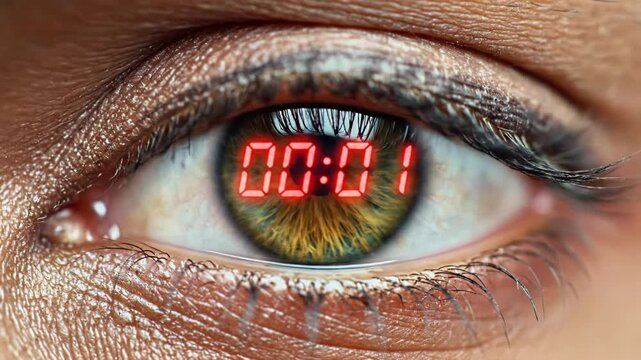 A close-up of a human eye with an unusual, multicolored iris, showcasing detailed textures of the skin and eyelashes