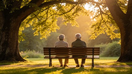 Elderly couple sitting on bench in park