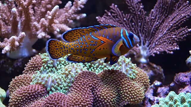 Vibrant Blue Spotted Fish Amidst Pink and Brown Coral Reef in Aquarium Setup