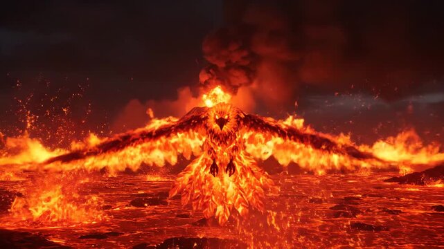 Majestic Fiery Phoenix Rises from a Blazing Volcanic Landscape at Night, Embodying Raw Power and Mythical Rebirth