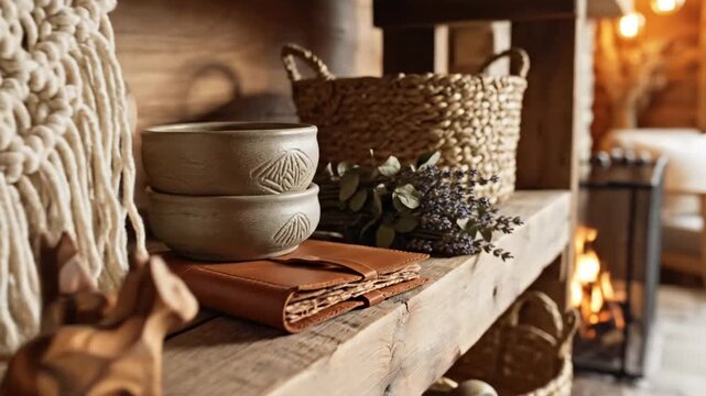 Rustic Wooden Shelf with Natural Decorations and Cozy Fireplace Ambiance Warm Evening Light