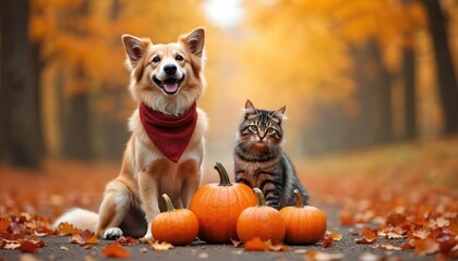 Fototapeta premium Cute fluffy dog and tabby cat sit together on autumn path with orange pumpkins. Leaves fall around pets and forest trees create warm fall backdrop. They look happy and festive for holiday.