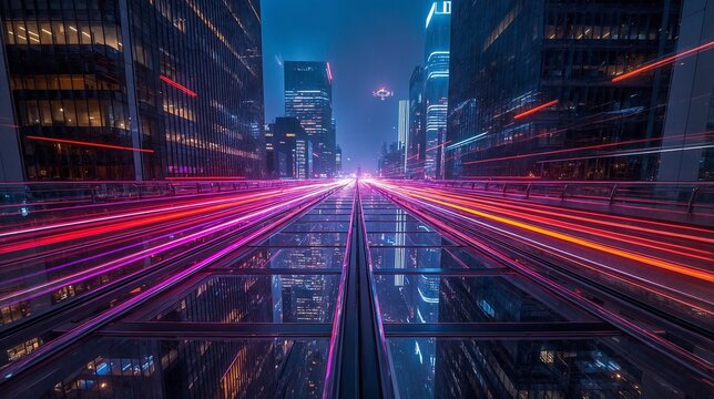 Futuristic glass skybridge between neon skyscrapers with flying car light trails