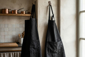 Two black aprons hang on hooks in a rustic kitchen, with copper pots and pans on a shelf in the background
