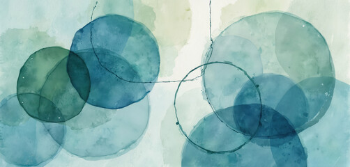 Fototapeta premium Watercolor painting shows overlapping blue and green circles. Abstract art with organic shapes and lines. Soft blended colors and textures. Represents harmony and flow.