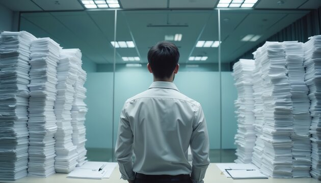 Man stands before huge stacks of paper documents in modern office. Overwhelmed employee faces immense workload. Shows burnout and endless repetitive tasks. Challenges of data overload.