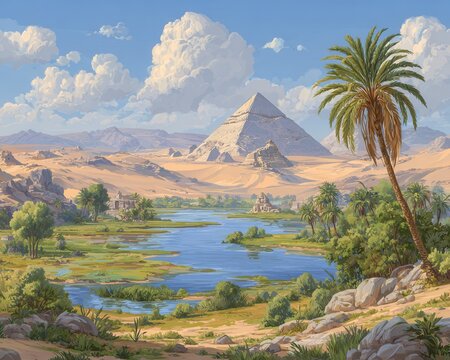 Paysage &eacute;gyptien antique avec une grande pyramide de Gizeh, le fleuve Nil entour&eacute; de palmiers verdoyants et un d&eacute;sert sous un ciel nuageux.