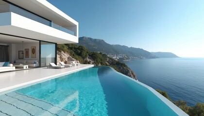 Fototapeta premium Modern white villa with infinity pool overlooks azure sea. Cliffside residence offers panoramic ocean views. Luxury Italian coast vacation home.