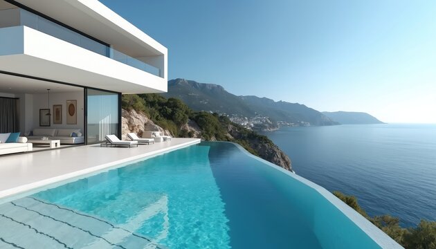 Modern white villa with infinity pool overlooks azure sea. Cliffside residence offers panoramic ocean views. Luxury Italian coast vacation home.