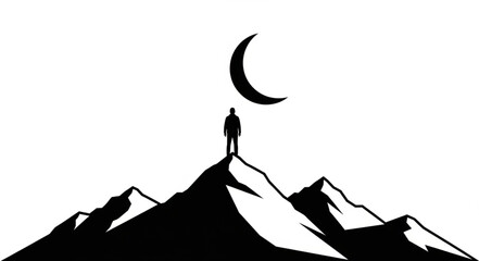 Lone figure stands on mountain peak beneath crescent moon. © Nenti