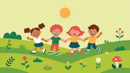Naklejka premium Children jumping green field celebration