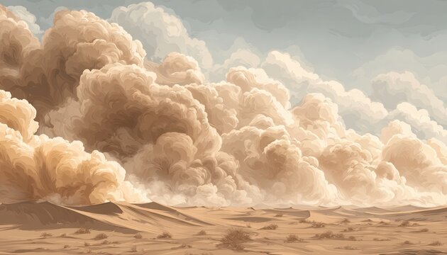 Enorme tempestade de poeira marrom e bege cobre o horizonte &aacute;rido sob um c&eacute;u claro, criando um cen&aacute;rio dram&aacute;tico.