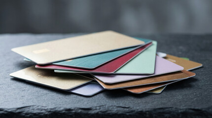 Credit card pile debt concept, colorful banking plastic on dark stone background