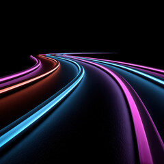 Neon curved road lines glow in vibrant blue, pink and orange on dark reflective surface, creating futuristic motion and dynamic light trails with sleek abstract composition