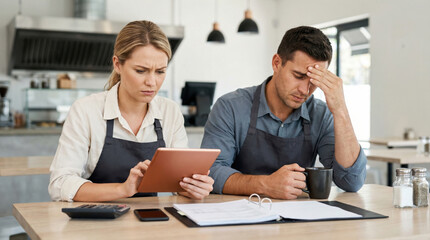 Fototapeta premium Sad small business owner worry in cafe, business partner stressed over finance