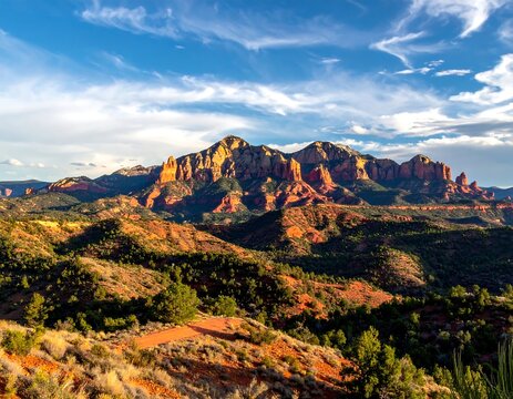 Expansive landscape featuring rolling hills and majestic mountain ranges under a vibrant, cloud-strewn sky. The golden sunlight bathes the terrain