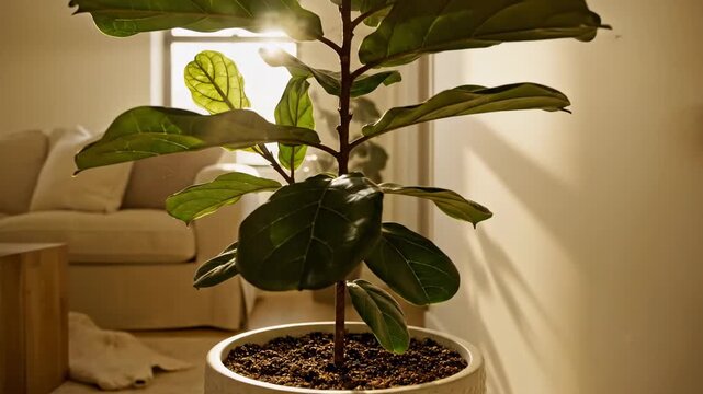 Fiddle Leaf Fig Plant in a Modern Living Room With Soft Sunlight Streaming Through Window