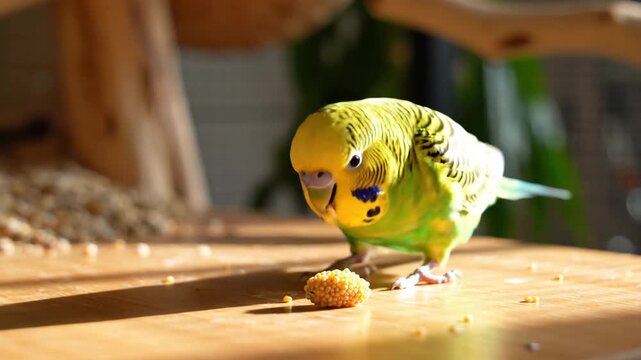 A small yellow and green parakeet bird stands on a wooden table observing a dropped food treat.