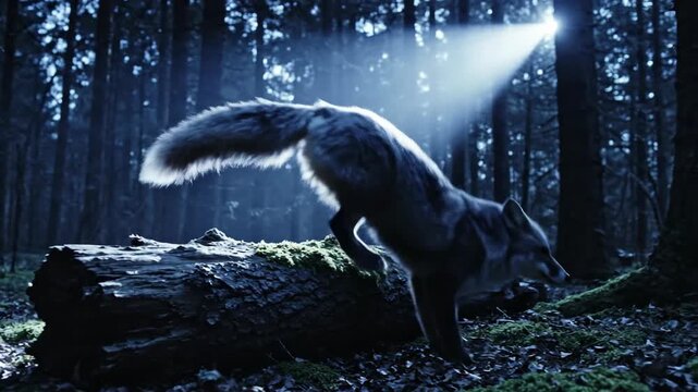 Agile Fox Leaps Over Fallen Log in Moonlit Forest