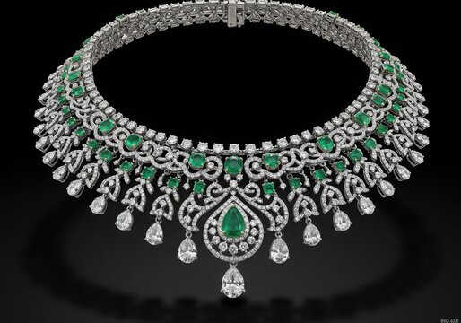 Exquisite emerald and diamond necklace with pear shaped diamond drops