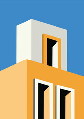 Minimal Geometric Building Facade with Bold Doors and Blue Sky Background. Stock Illustration