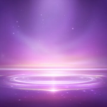 Fundo abstrato roxo et&eacute;reo com p&oacute;dio de luz brilhante e part&iacute;culas cintilantes, palco m&aacute;gico.