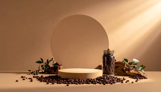 Coffee beans and jar on podium. Coffee ingredients display. Brown background with plants. Product showcase with coffee beans. Jar of coffee beans on stage. Coffee podium with scattered