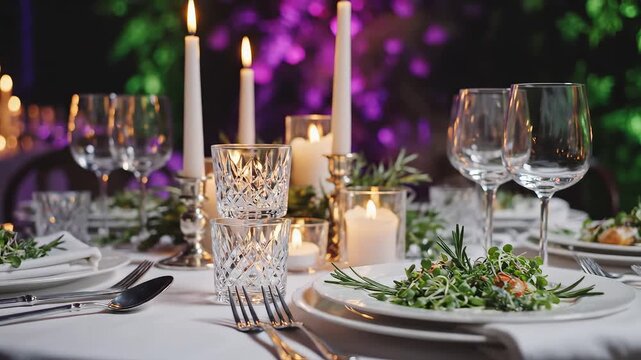 Elegant table setting with candles and greenery