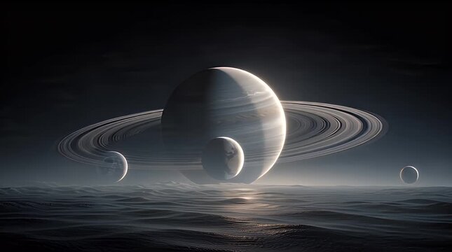 A dark space scene depicts a ringed planet, three moons, and a reflective surface that mimics a planet's rings reflecting. The sky is dark