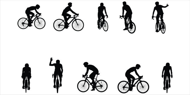 Silhouettes of cyclists in various poses on white background cycling bicycle
