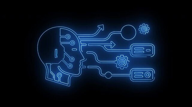 Neon blue line art illustration of a human head with circuit board and gear elements on a black background with a futuristic and technological mood.