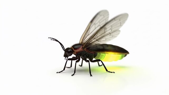 Closeup of a yellow and brown wasp with clear wings on a white background.