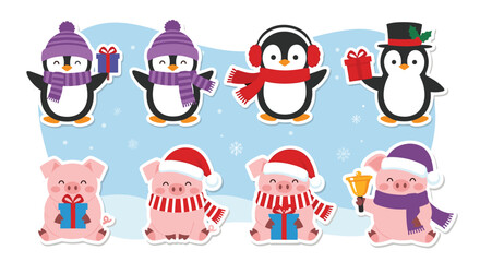 Fototapeta premium Collection of cute penguins and little pigs dressed in warm winter clothes and holding holiday gifts for Christmas and New Year.