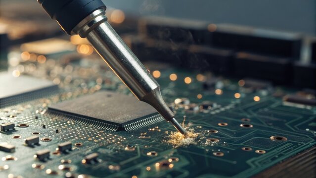 Soldering process with soldering iron on a circuit board, a close-up shot
