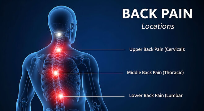 Human back pain locations showing cervical thoracic and lumbar spine anatomy