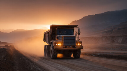 Heavy dump truck driving on dusty open pit road at sunset with mountains and glowing sky