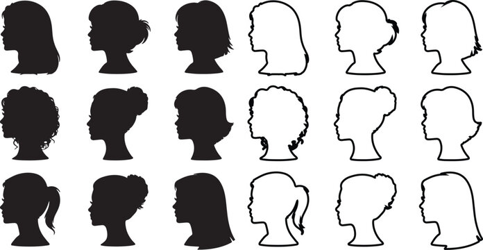 A diverse collection of female head profiles are shown in both solid black and outline forms