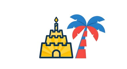 Naklejka premium Colorful sandcastle and palm tree illustration with vibrant design