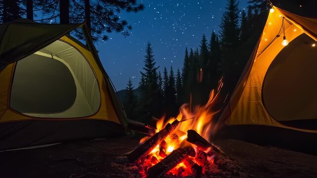 A nighttime campsite with tents, a glowing fire, and a starry sky