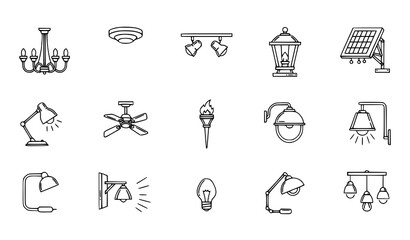 Fototapeta premium Interior and exterior lighting thin line editable vector icon collection