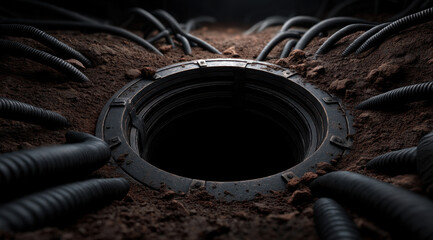 Hole entrance dark circular opening in dirt with black conduit cables surrounding rim, moody low light and texture conveying mystery and tension