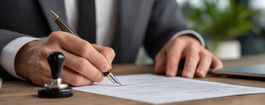 Notary public signing and certifying legal document with pen and seal at wooden desk, professional atmosphere and focused detail convey trust and formality