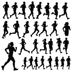 set of runner silhouette vector, athletes jogging and sprinting collection, isolated sport action poses