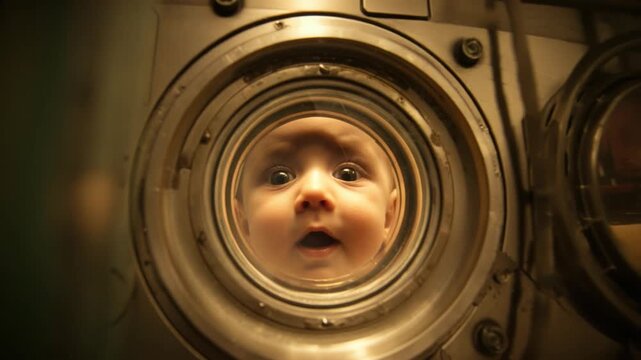 Baby Looking Through Porthole Window at Sea.