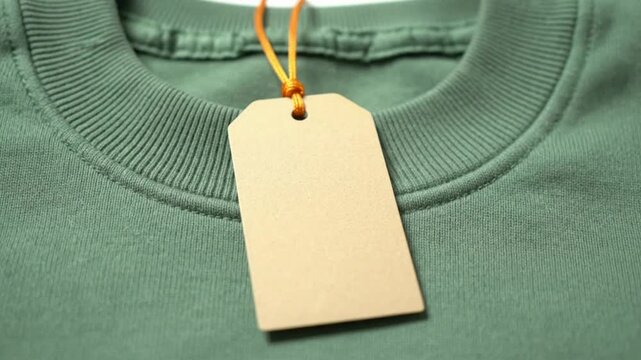 A blank tag hanging from a yellow string on a green sweater, viewed closely from above
