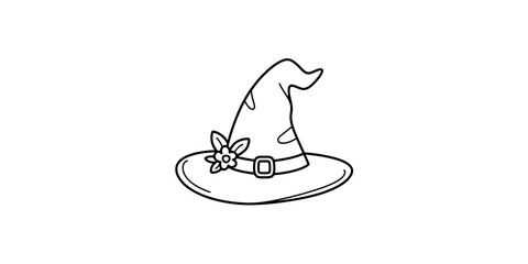 Black and white line drawing of a pointed witch hat decorated with a small flower and a buckle. Vector, illustration