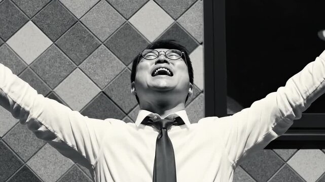 Man in suit with arms raised
