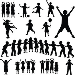 children silhouette vector, kids playing and standing, isolated family and childhood illustration