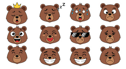 Obraz premium Collection of bear head icons displaying a wide variety of facial expressions and human like emotions for design.