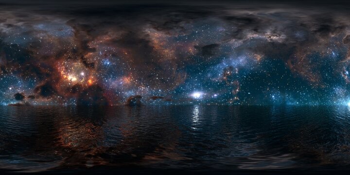HDRI panoramic view of colorful space nebulae in equirectangular projection for 3D rendering and astronomy visualization